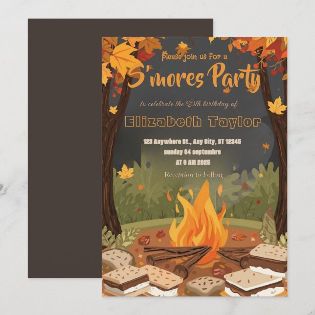 Convite de Aniversário S'mores – Fogueira Aconcheg (Frente/Verso)