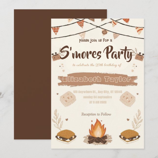 Convite de Aniversário S'mores – Fogueira Aconcheg (Frente/Verso)