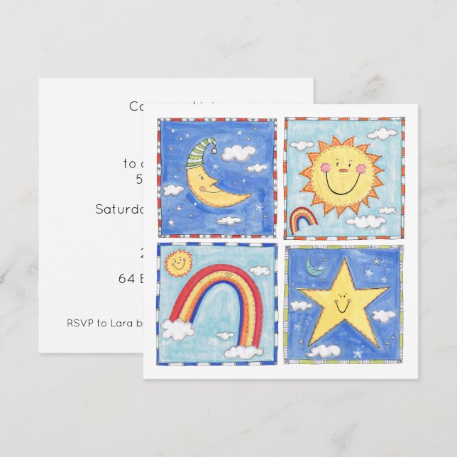 Convite de Aniversário Sol, Lua, Estrela e Arco-ír (Frente/Verso)