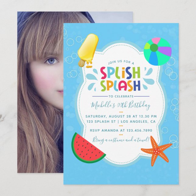 Convite de Aniversário Splish Splash com Foto (Frente/Verso)