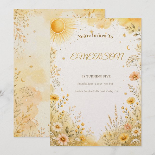 Convite de Aniversário Sunshine | Boho Chic Sunshi (Frente/Verso)