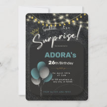 Convite de aniversário surpresa azul preto branco