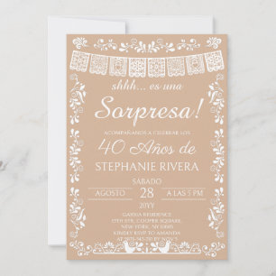 Convite de Aniversário Surpresa Beige Papel Picado