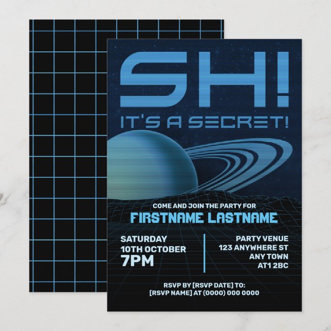 Convite de Aniversário Surpresa Blue Retrowave (Frente/Verso)