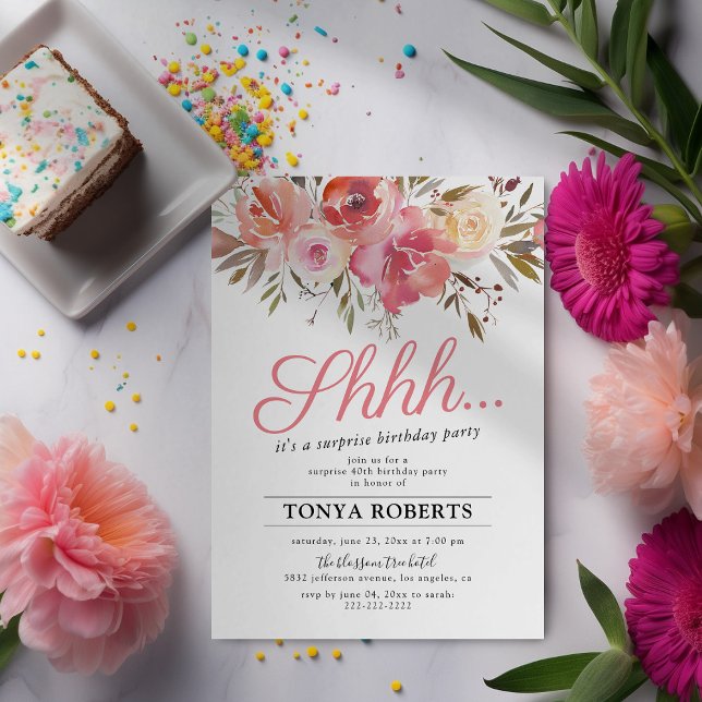 Convite de Aniversário Surpresa com Flores Rosa (Criador carregado)
