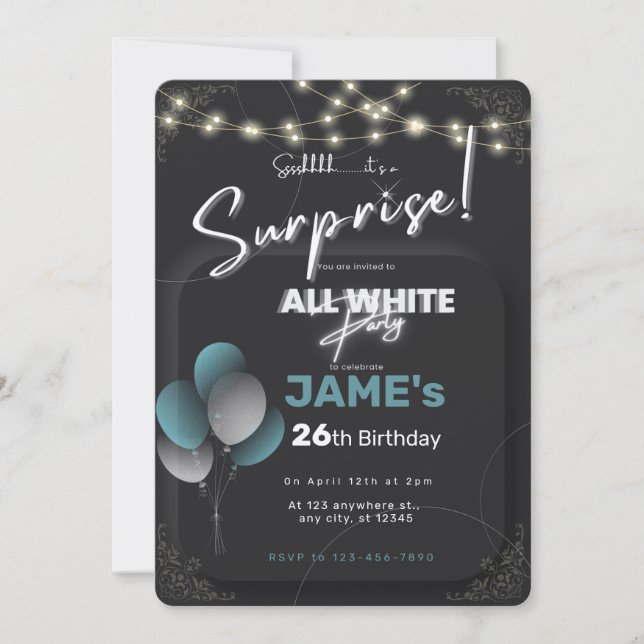Convite de aniversário surpresa com tudo branco (Frente)