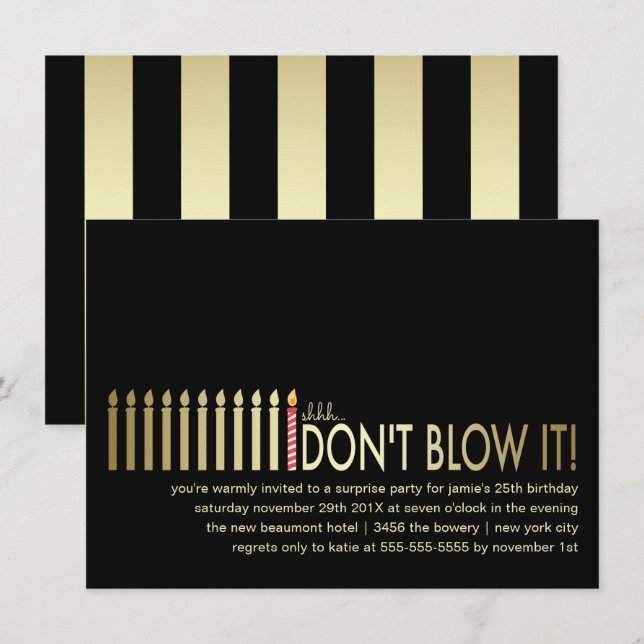 Convite de aniversário surpresa Dourado das velas (Frente/Verso)