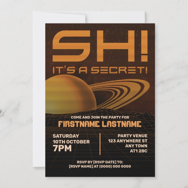 Convite de Aniversário Surpresa Laranja Retrowave (Frente)