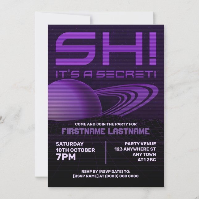 Convite de Aniversário Surpresa Purple Retrowave (Frente)