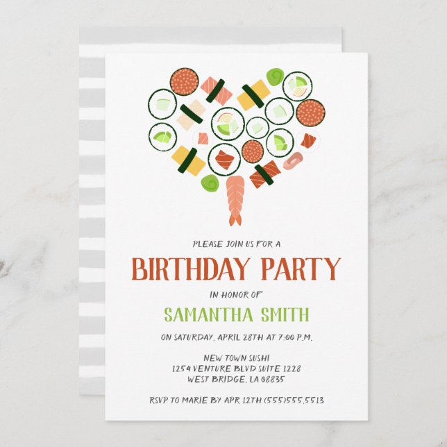 Convite de aniversário Sushi Heart (Frente/Verso)