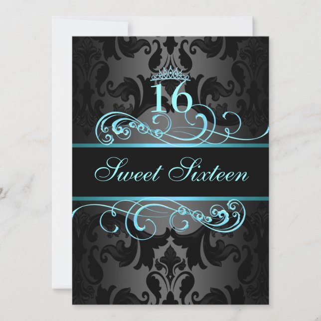 Convite de Aniversário Sweet16 Blue Swirl Damask (Frente)