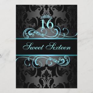 Convite de Aniversário Sweet16 Blue Swirl Damask