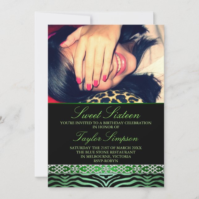 Convite de Aniversário Sweet16 com Foto Verde de E (Frente)
