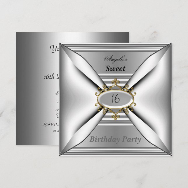 Convite de Aniversário Sweet 16 Chrome Branco (Frente/Verso)