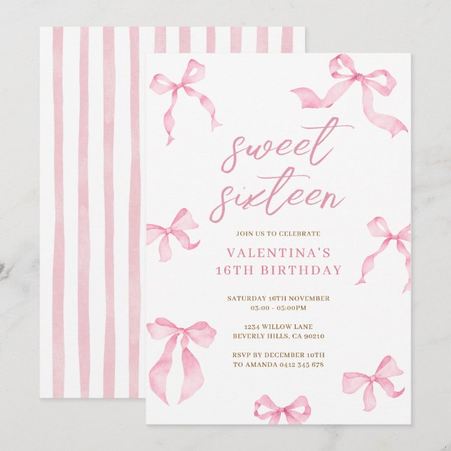 Convite de Aniversário Sweet 16 com Laço Rosa (Frente/Verso)