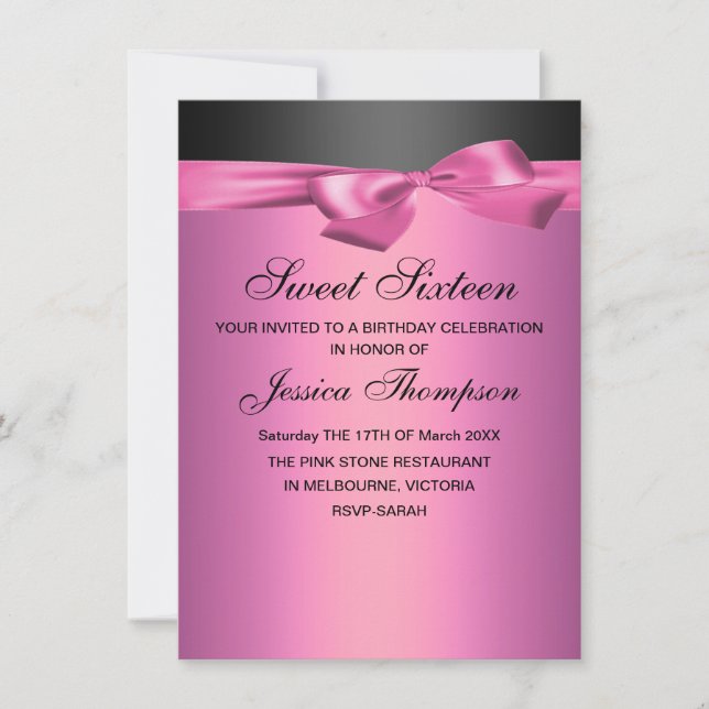 Convite de Aniversário Sweet 16 com Laço Rosa e Pr (Frente)