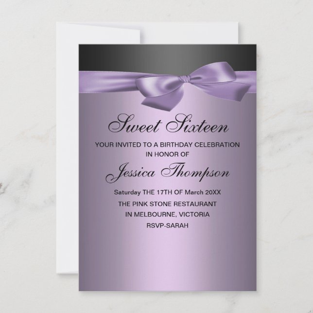 Convite de Aniversário Sweet 16 com Laço Roxo e Pr (Frente)