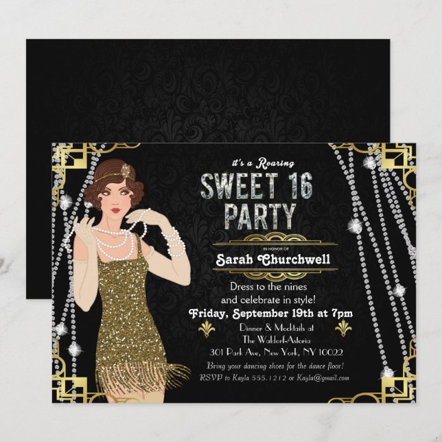 Convite de Aniversário Sweet 16 Flapper do Grande  (Frente/Verso)