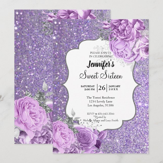 Convite de Aniversário Sweet 16 Floral Glitter Rox (Frente/Verso)
