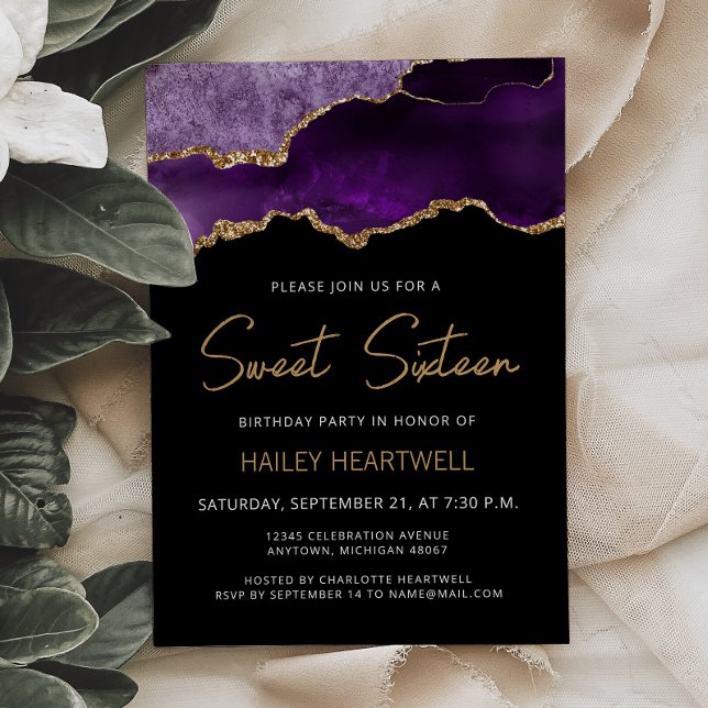 Convite de Aniversário Sweet 16 Purple Gold Agate (Criador carregado)