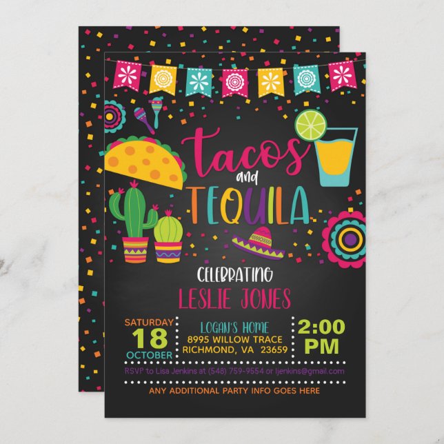 Convite de aniversário Tacos & Tequila - Blk (Frente/Verso)