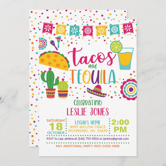 Convite de aniversário Tacos & Tequila - Wh (Frente/Verso)
