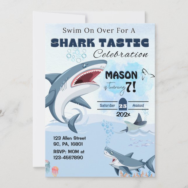 CONVITE DE ANIVERSÁRIO TÁSTICO UNISEX SHARK (Frente)