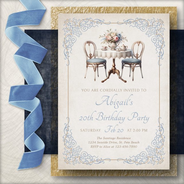 Convite de Aniversário Tea Party Azul (Criador carregado)