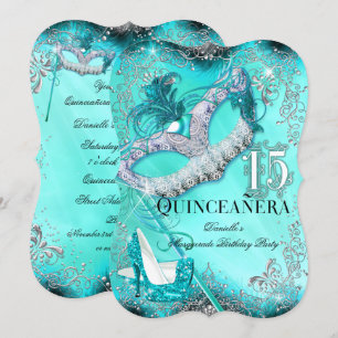 Convite de Aniversário Teal Silver Masquerade Quin