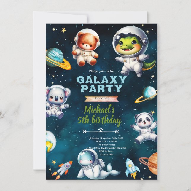 convite de aniversário tema animais da galáxia esp (Frente)