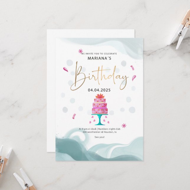 Convite de Aniversário | Tema Bolo Rosa | Custo (Frente/Verso In Situ)