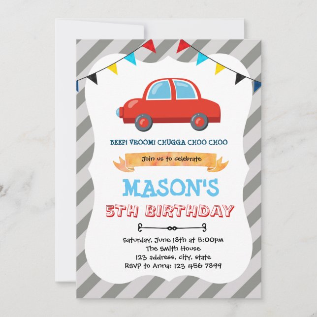 Convite de aniversário tema carrinhos vermelhos (Frente)