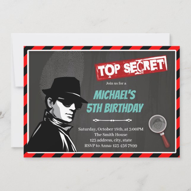 Convite de aniversário tema de agente secreto (Frente)