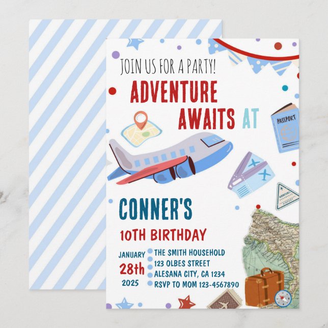 Convite de Aniversário Tema Destino de Viagem Fest (Frente/Verso)