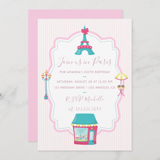 Convite de aniversário Tema Paris Rosa de Menina (Frente/Verso)