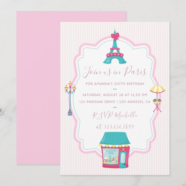 Convite de Aniversário Tema Paris Rosa para Menina (Frente/Verso)
