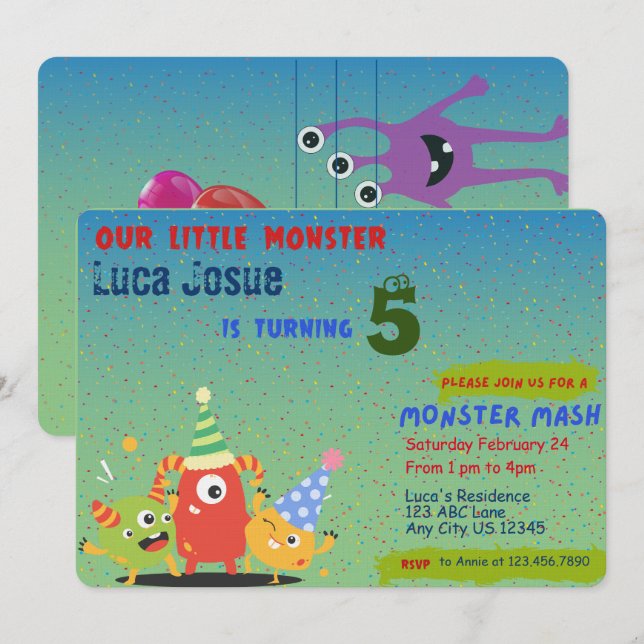 Convite de aniversário tema Pequeno Monstro (Frente/Verso)