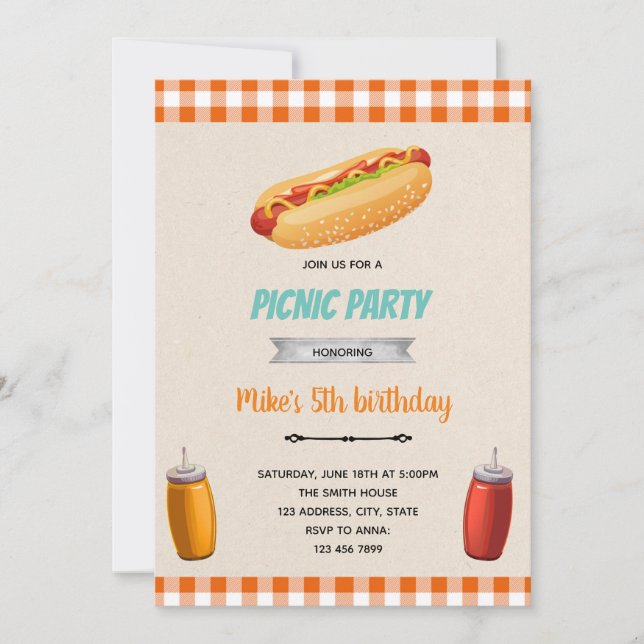 convite de aniversário tema piquenique com cachorr (Frente)