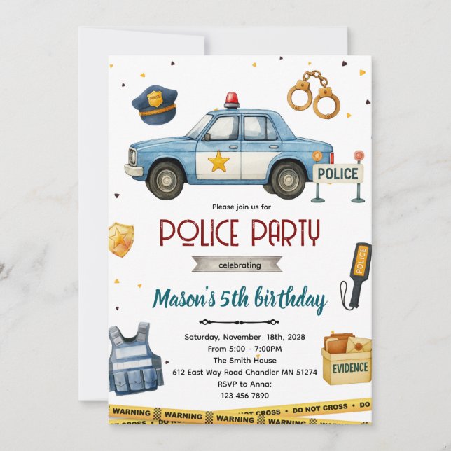 convite de aniversário tema polícia (Frente)