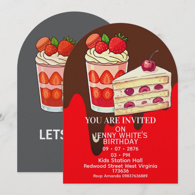 Convite de Aniversário Temático de Bolo de Morango (Frente/Verso)
