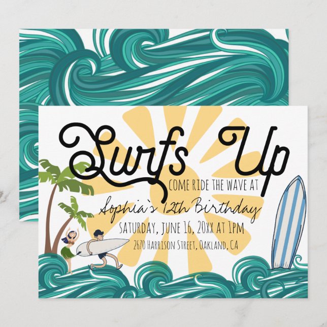 Convite de aniversário temático de surfe (Frente/Verso)