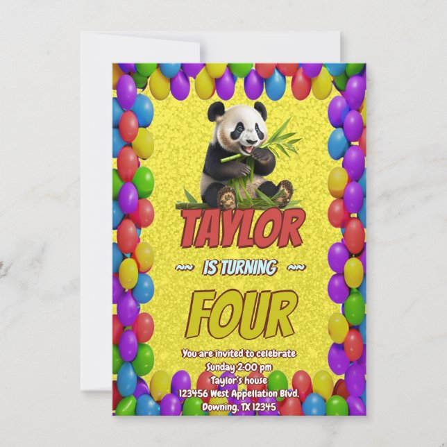 Convite de Aniversário Temático de Urso Panda Fofo (Frente)