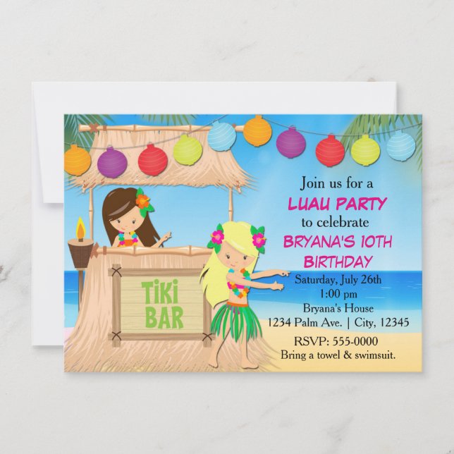 Convite de aniversário tiki de praia com garotas d (Frente)