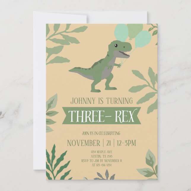 Convite de Aniversário Três-Rex (Frente)