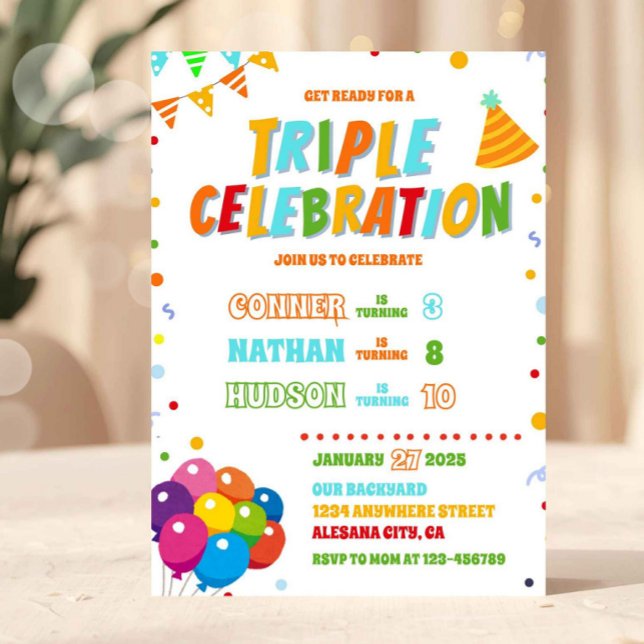 Convite de Aniversário Triplo Irmãos Festa Conjunt (Triple Birthday Invitation Sibling Joint Party)