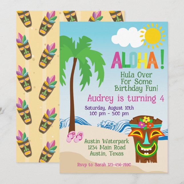 Convite de Aniversário Tropical Beach Aloha Luau (Frente/Verso)
