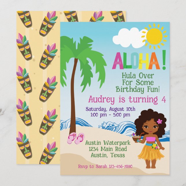 Convite de Aniversário Tropical Beach Aloha Luau (Frente/Verso)