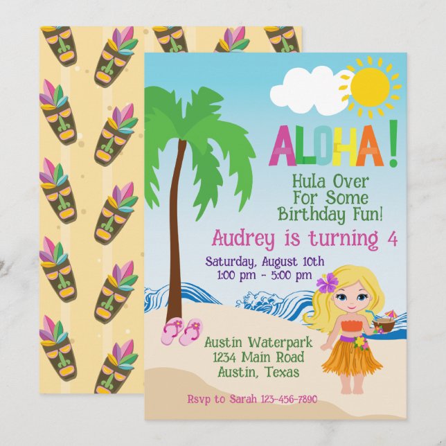 Convite de aniversário Tropical Beach Aloha Luau (Frente/Verso)