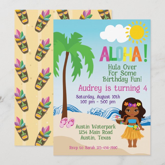 Convite de Aniversário Tropical Beach Aloha Luau (Frente/Verso)