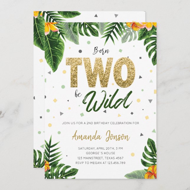 Convite de Aniversário Tropical Born Two Be Wild (Frente/Verso)
